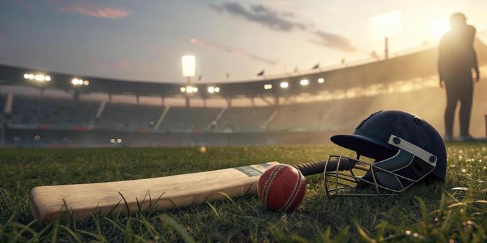 cricket equipment on field stadium bat ball helmet sports game professional athlete competitive match photo